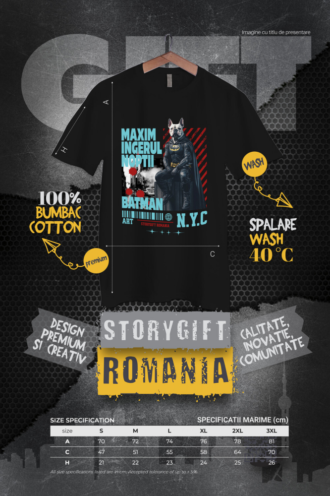 Tricou Barbati cu Animal In Costum de Batman pe Strazile din New York City, Peronalizata cu Numele si Poza Animalului Tau cu imprimeu pe Fata, 100% Bumbac, Negru, M [4]