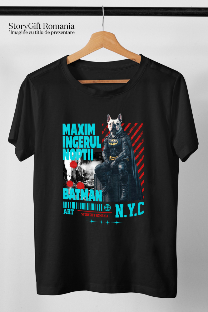 Tricou Barbati cu Animal In Costum de Batman pe Strazile din New York City, Peronalizata cu Numele si Poza Animalului Tau cu imprimeu pe Fata, 100% Bumbac, Negru, M [3]