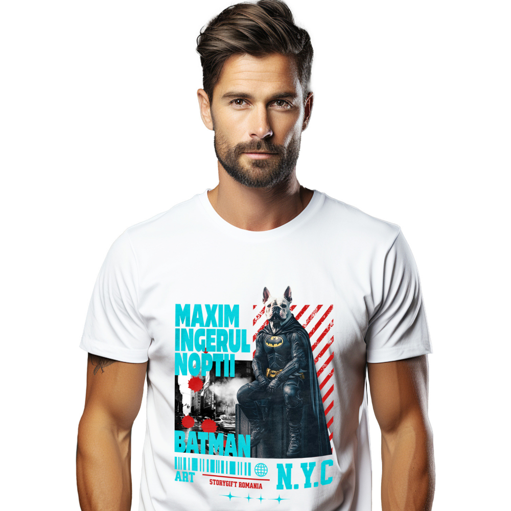 Tricou Barbati cu Animal In Costum de Batman pe Strazile din New York City, Peronalizata cu Numele si Poza Animalului Tau cu imprimeu pe Fata, 100% Bumbac, Alb, XS [1]
