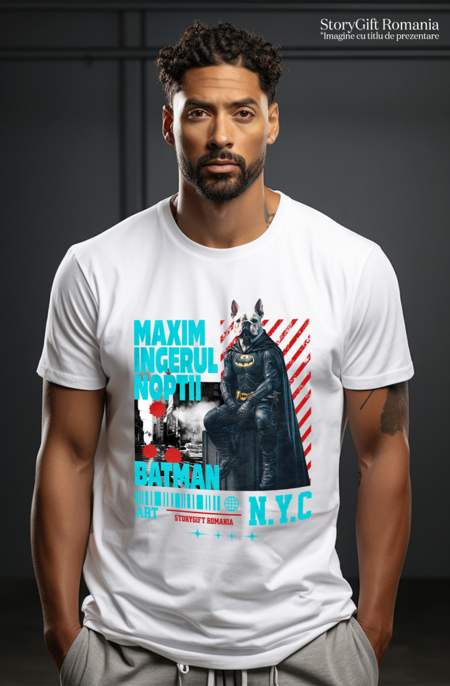 Tricou Barbati cu Animal In Costum de Batman pe Strazile din New York City, Peronalizata cu Numele si Poza Animalului Tau cu imprimeu pe Fata, 100% Bumbac, Alb, XS [2]