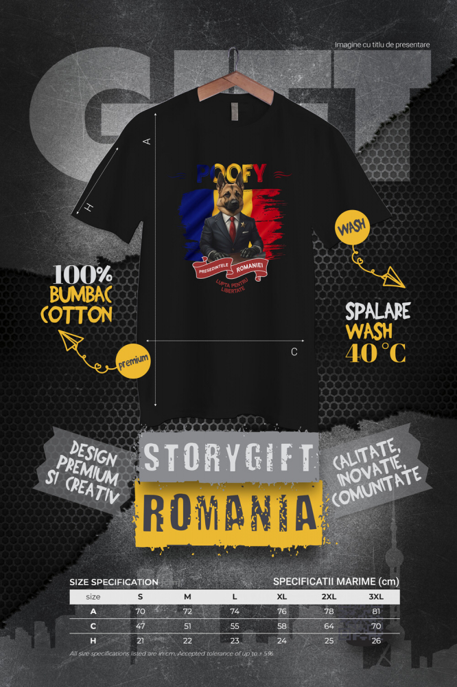 Tricou Barbati cu Animal In Costum de Presedinte, Steagul Romaniei, Peronalizata cu Numele si Poza Animalului Tau cu imprimeu pe Fata, 100% Bumbac, Negru, S [4]