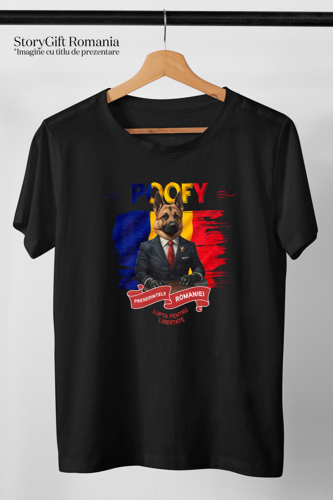 Tricou Barbati cu Animal In Costum de Presedinte, Steagul Romaniei, Peronalizata cu Numele si Poza Animalului Tau cu imprimeu pe Fata, 100% Bumbac, Negru, S [3]