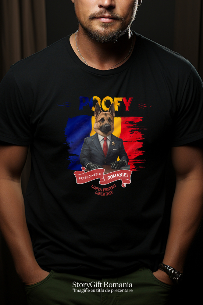 Tricou Barbati cu Animal In Costum de Presedinte, Steagul Romaniei, Peronalizata cu Numele si Poza Animalului Tau cu imprimeu pe Fata, 100% Bumbac, Negru, S [2]