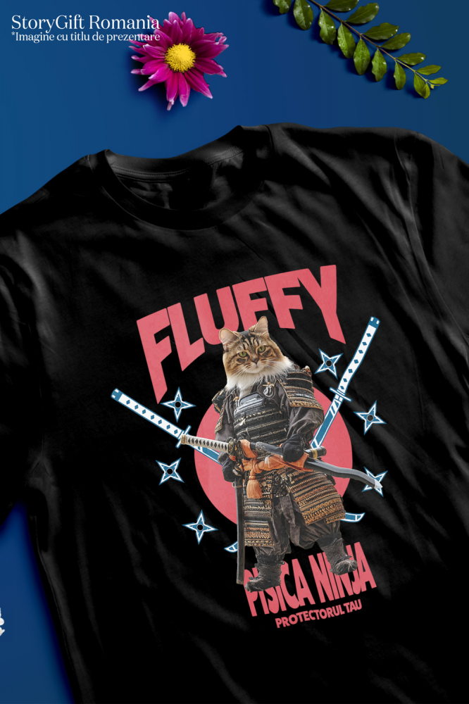 Tricou Barbati cu Animal In Costum de Samurai cu Sabie, Peronalizata cu Numele si Poza Animalului Tau cu imprimeu pe Fata, 100% Bumbac, Negru, XS [3]