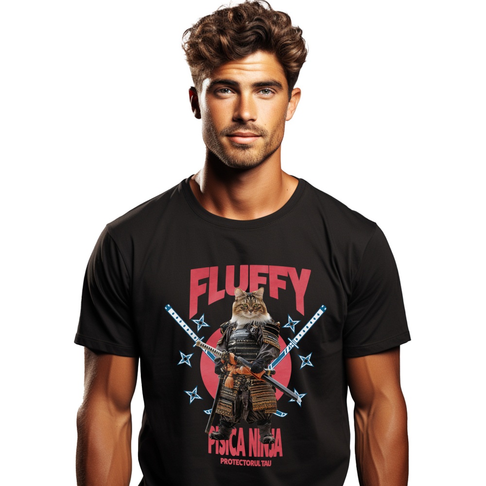 Tricou Barbati cu Animal In Costum de Samurai cu Sabie, Peronalizata cu Numele si Poza Animalului Tau cu imprimeu pe Fata, 100% Bumbac, Negru, XS [1]