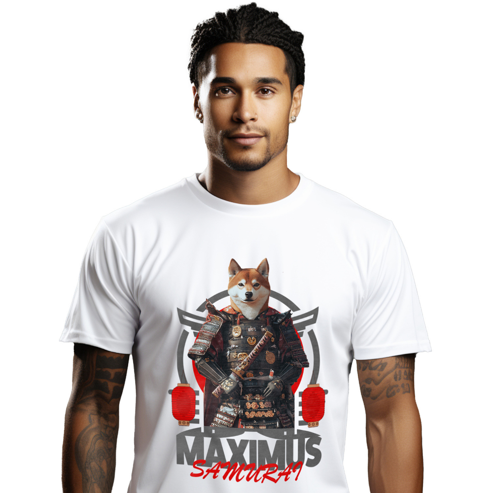 Tricou Barbati cu Animal In Costum de Samurai, Peronalizata cu Numele si Poza Animalului Tau cu imprimeu pe Fata, 100% Bumbac, Alb, M [1]