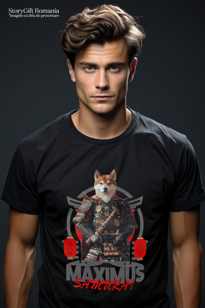 Tricou Barbati cu Animal In Costum de Samurai, Peronalizata cu Numele si Poza Animalului Tau cu imprimeu pe Fata, 100% Bumbac, Negru, S [2]