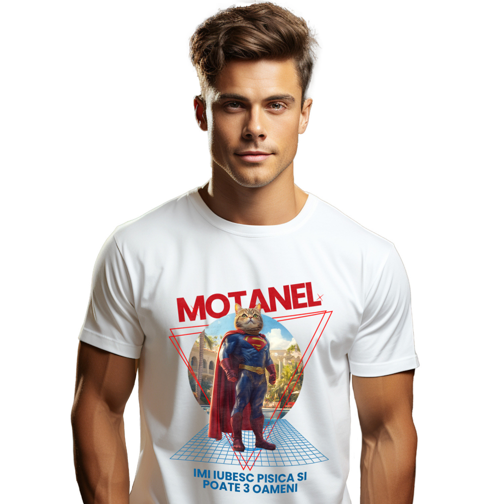 Tricou Barbati cu Animal in Costum de Super Erou, Superman, Peronalizata cu Numele si Poza Animalului Tau cu imprimeu pe Fata, 100% Bumbac, Alb, XS [1]