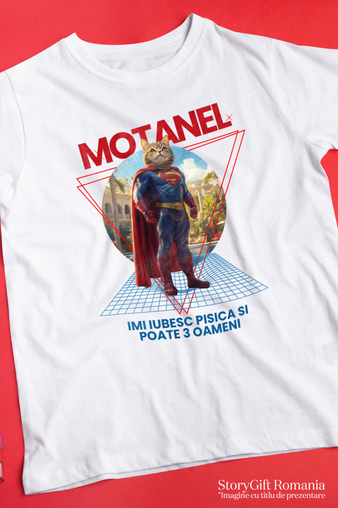 Tricou Barbati cu Animal in Costum de Super Erou, Superman, Peronalizata cu Numele si Poza Animalului Tau cu imprimeu pe Fata, 100% Bumbac, Alb, XS [3]