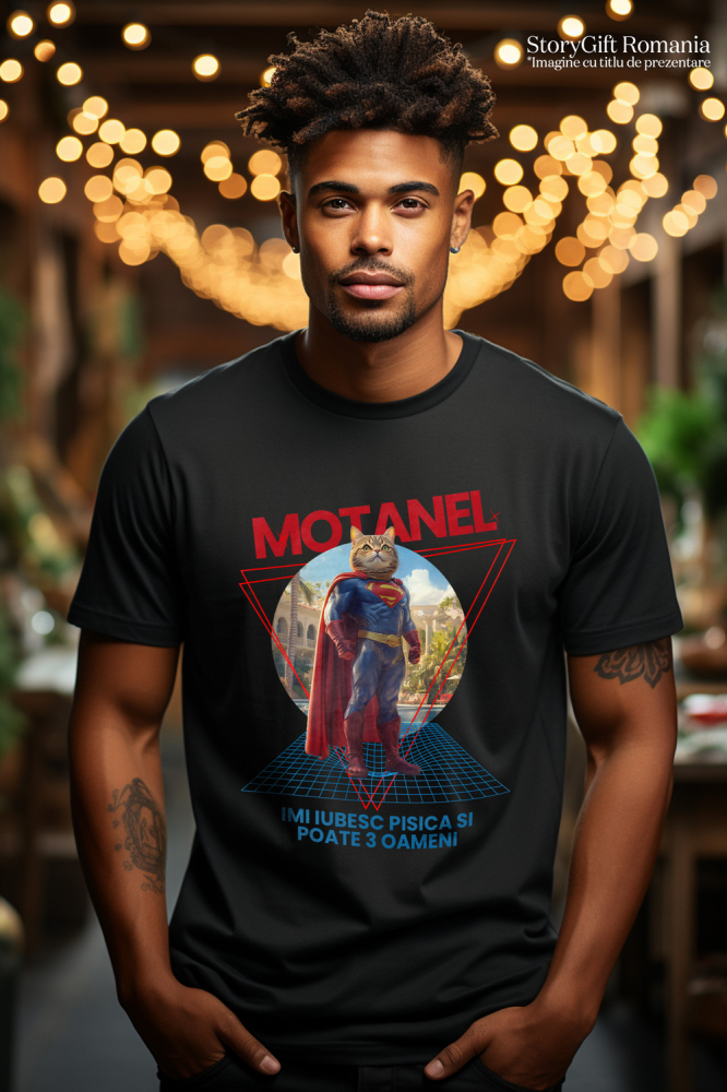 Tricou Barbati cu Animal in Costum de Super Erou, Superman, Peronalizata cu Numele si Poza Animalului Tau cu imprimeu pe Fata, 100% Bumbac, Negru, XS [2]