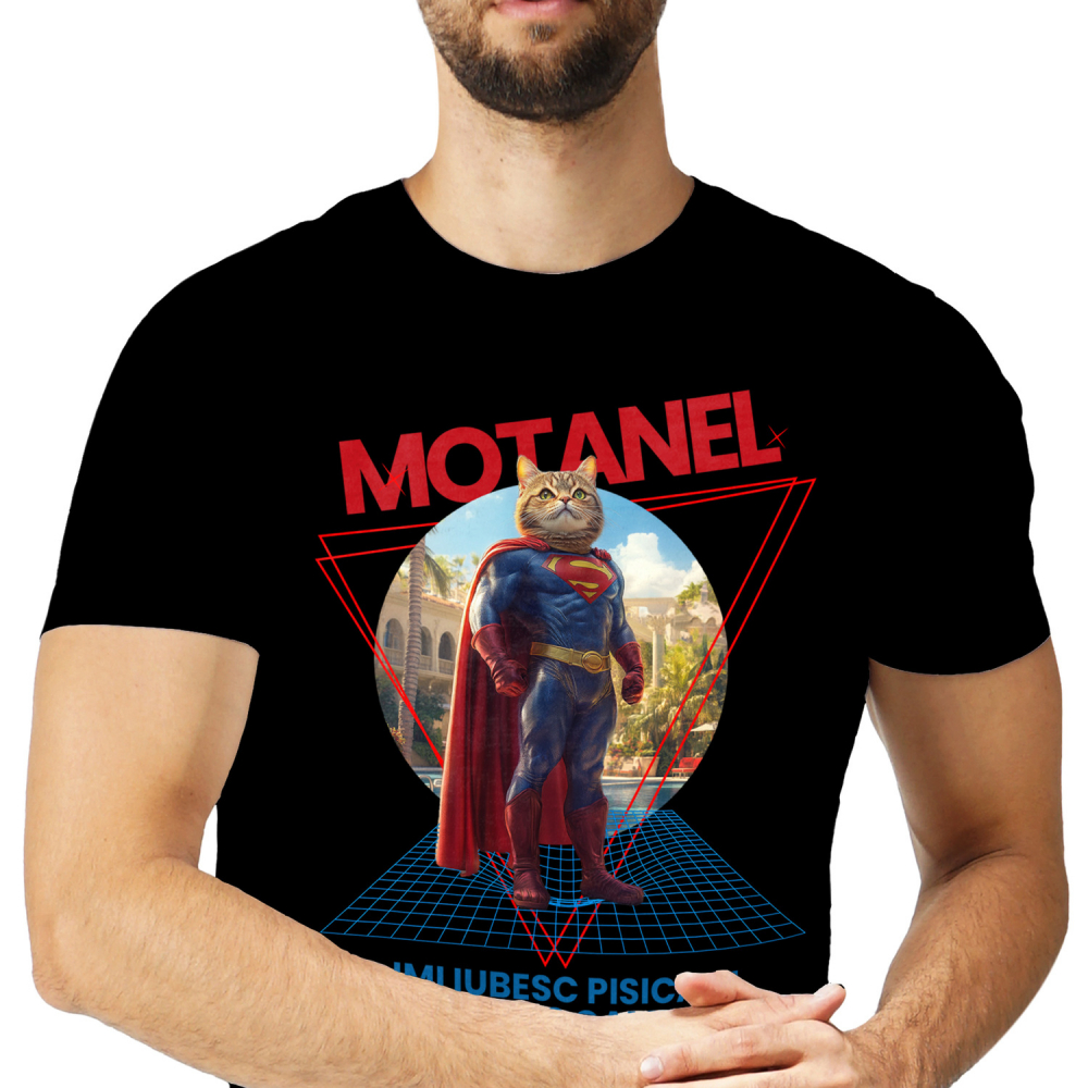 Tricou Barbati cu Animal in Costum de Super Erou, Superman, Peronalizata cu Numele si Poza Animalului Tau cu imprimeu pe Fata, 100% Bumbac, Negru, XS [1]