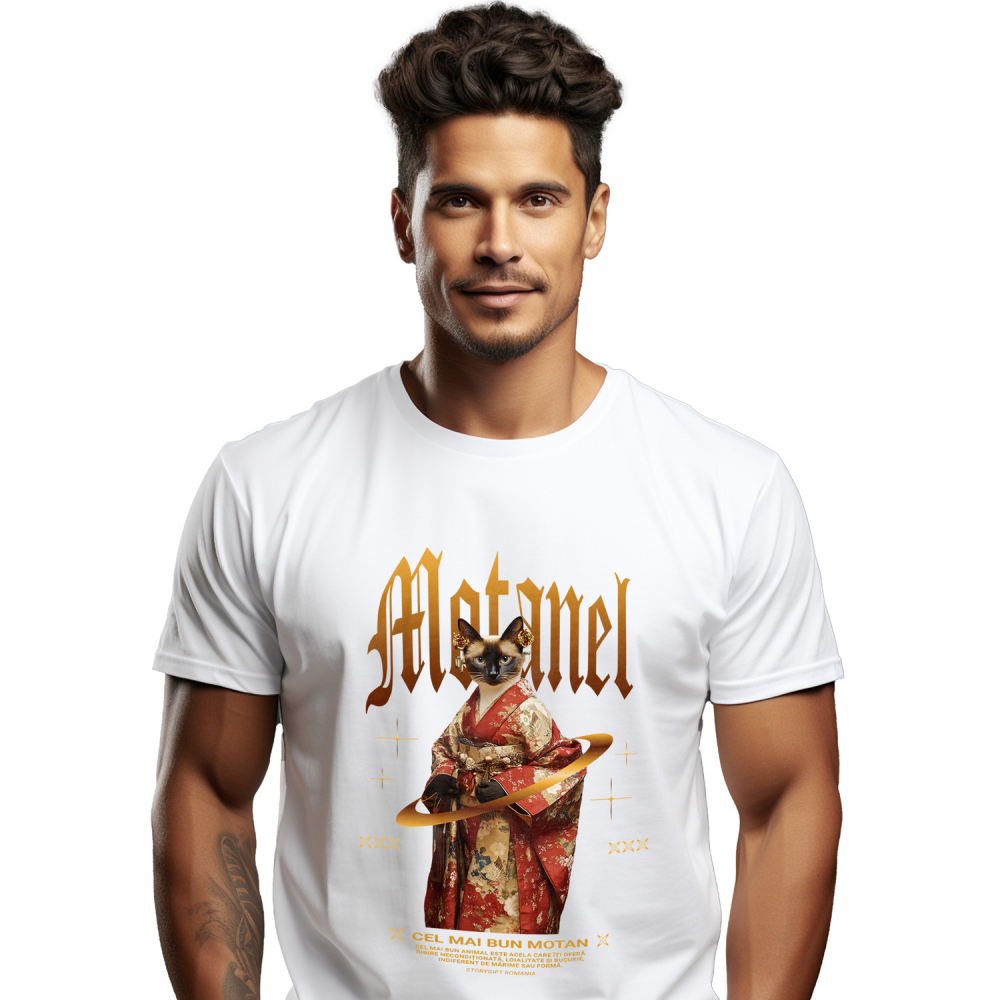 Tricou Barbati cu Animal In Costum Japonez, Peronalizata cu Numele si Poza Animalului Tau cu imprimeu pe Fata, 100% Bumbac, Alb, XS [1]