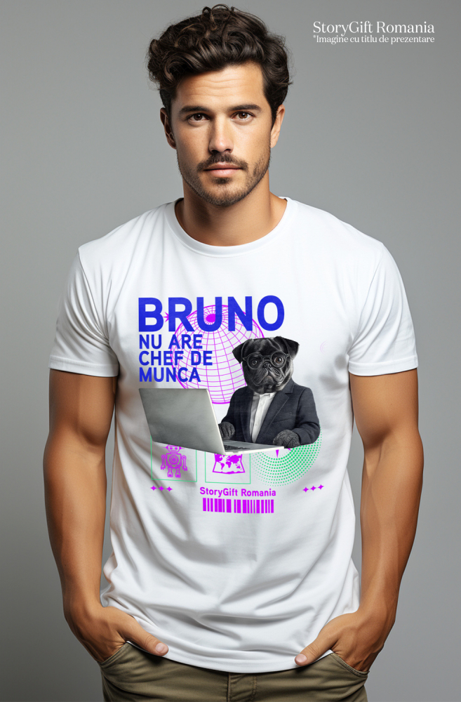 Tricou Barbati cu Animal In Costum Lucrand pe Laptop, Peronalizata cu Numele si Poza Animalului Tau cu imprimeu pe Fata, 100% Bumbac, Alb, M [2]