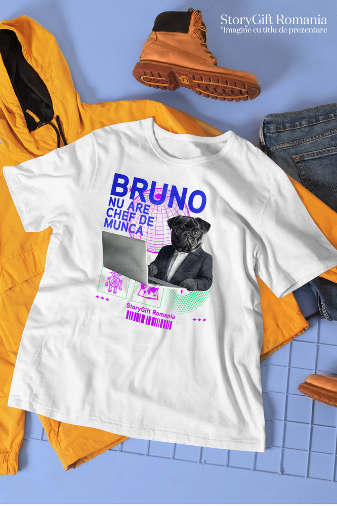 Tricou Barbati cu Animal In Costum Lucrand pe Laptop, Peronalizata cu Numele si Poza Animalului Tau cu imprimeu pe Fata, 100% Bumbac, Alb, M [3]