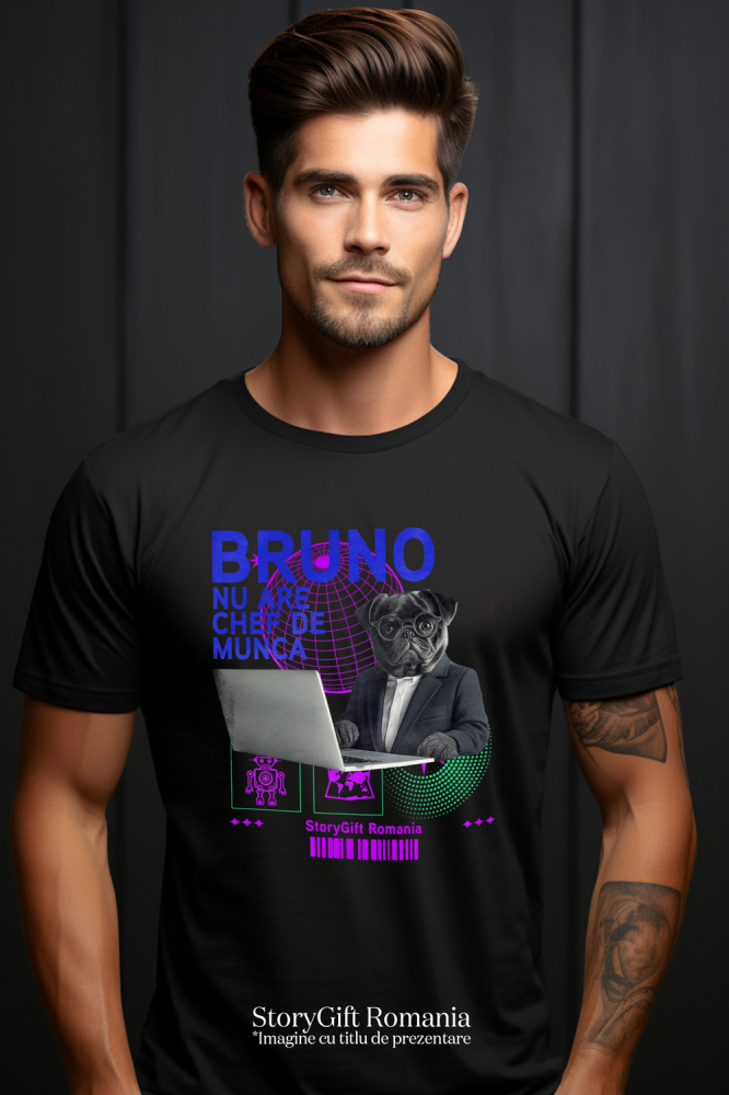 Tricou Barbati cu Animal In Costum Lucrand pe Laptop, Peronalizata cu Numele si Poza Animalului Tau cu imprimeu pe Fata, 100% Bumbac, Negru, M [2]