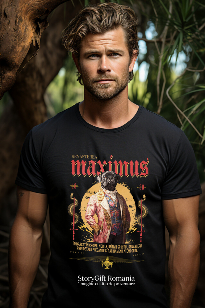 Tricou Barbati cu Animal In Costum Medieval, Portret, Peronalizata cu Numele si Poza Animalului Tau cu imprimeu pe Fata, 100% Bumbac, Negru, M [2]