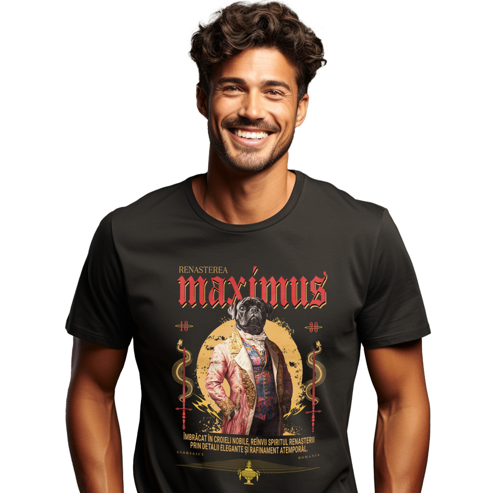 Tricou Barbati cu Animal In Costum Medieval, Portret, Peronalizata cu Numele si Poza Animalului Tau cu imprimeu pe Fata, 100% Bumbac, Negru, M [1]
