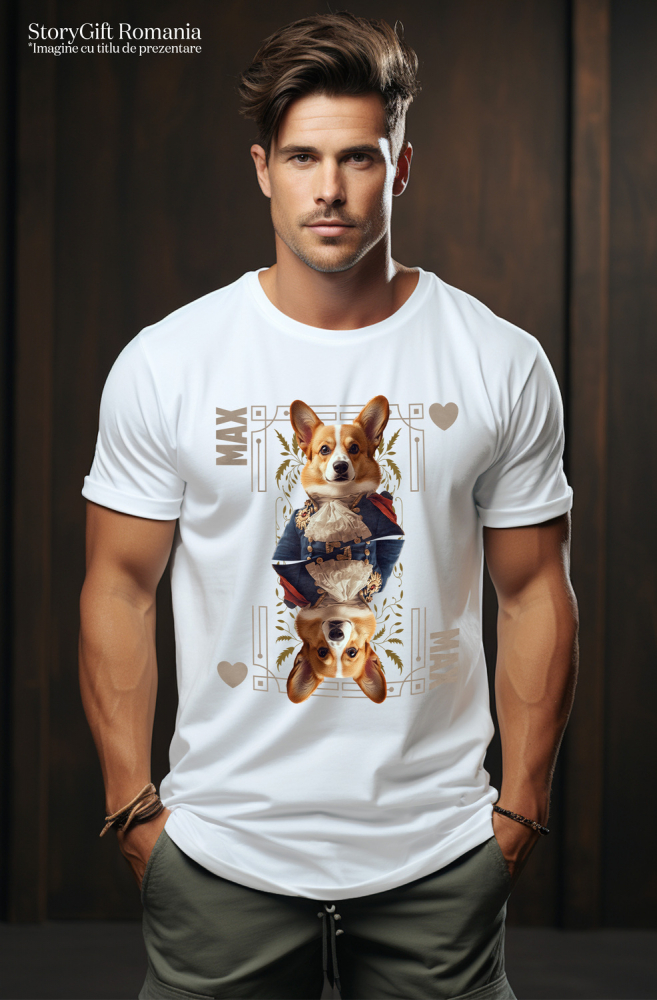 Tricou Barbati cu Animal In Costum Regal, Carte de Joc, Inima, Peronalizata cu Numele si Poza Animalului Tau cu imprimeu pe Fata, 100% Bumbac, Alb, XS [2]