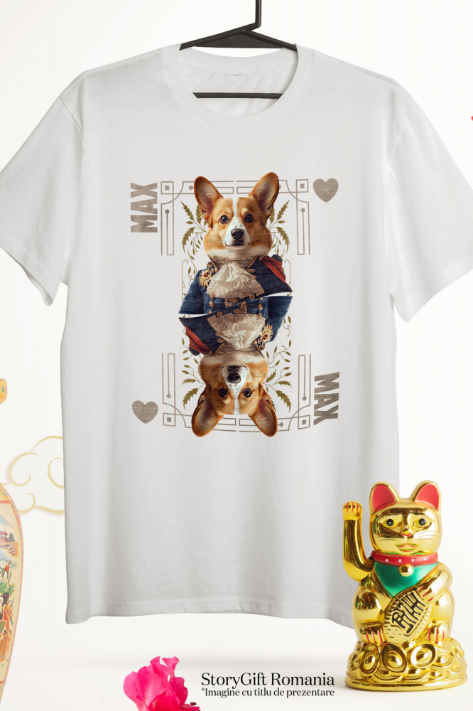 Tricou Femei cu Animal In Costum Regal, Carte de Joc, Inima, Peronalizata cu Numele si Poza Animalului Tau cu imprimeu pe Fata, 100% Bumbac, Alb, S [3]