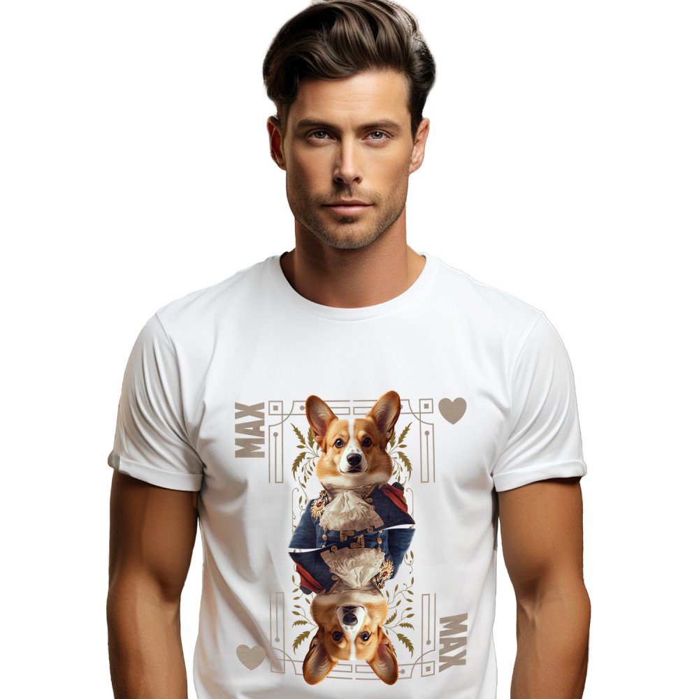 Tricou Barbati cu Animal In Costum Regal, Carte de Joc, Inima, Peronalizata cu Numele si Poza Animalului Tau cu imprimeu pe Fata, 100% Bumbac, Alb, XS [1]