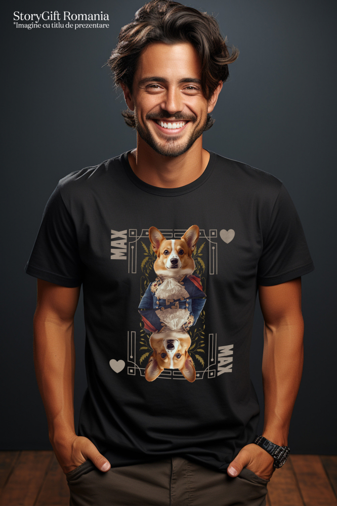 Tricou Barbati cu Animal In Costum Regal, Carte de Joc, Inima, Peronalizata cu Numele si Poza Animalului Tau cu imprimeu pe Fata, 100% Bumbac, Negru, S [2]