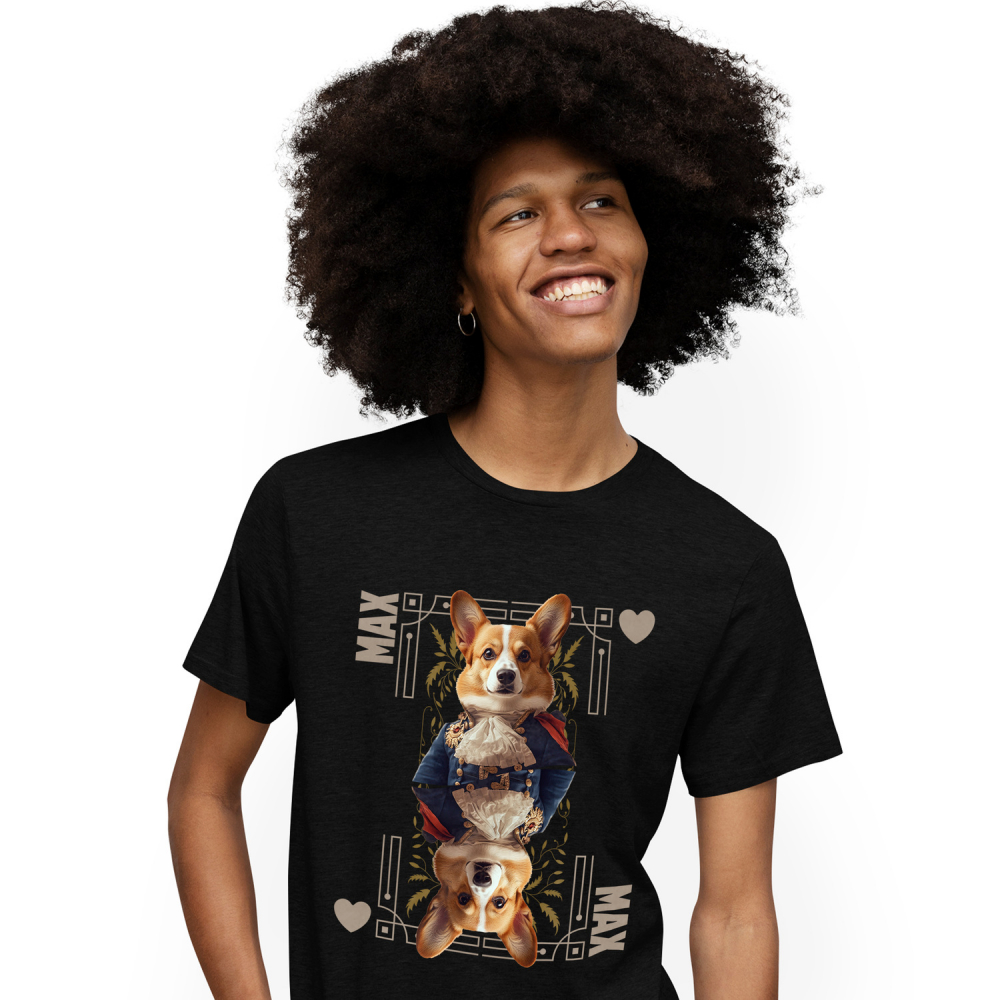 Tricou Barbati cu Animal In Costum Regal, Carte de Joc, Inima, Peronalizata cu Numele si Poza Animalului Tau cu imprimeu pe Fata, 100% Bumbac, Negru, S [1]