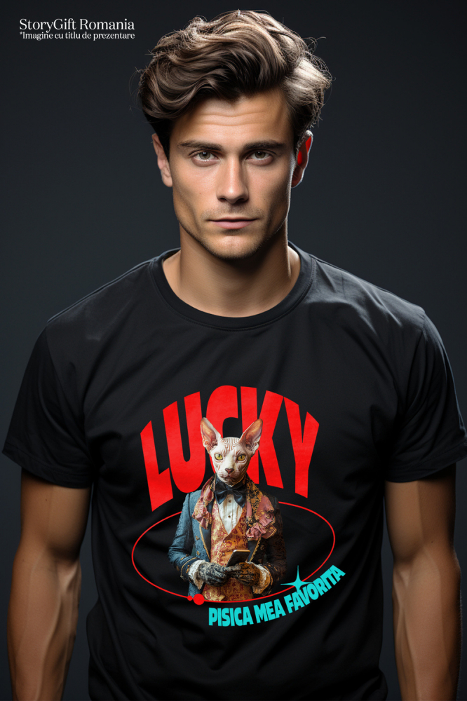 Tricou Barbati cu Animal in Costum Regal, cu Manusi si Telefonul in Mana, Peronalizata cu Numele si Poza Animalului Tau cu imprimeu pe Fata, 100% Bumbac, Negru, S [2]