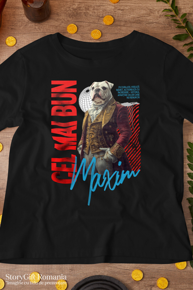 Tricou Barbati cu Animal In Costum Regal Renascentist, Peronalizata cu Numele si Poza Animalului Tau cu imprimeu pe Fata, 100% Bumbac, Negru, S [3]