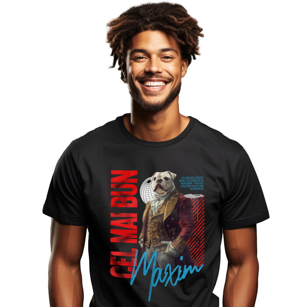 Tricou Barbati cu Animal In Costum Regal Renascentist, Peronalizata cu Numele si Poza Animalului Tau cu imprimeu pe Fata, 100% Bumbac, Negru, S [1]