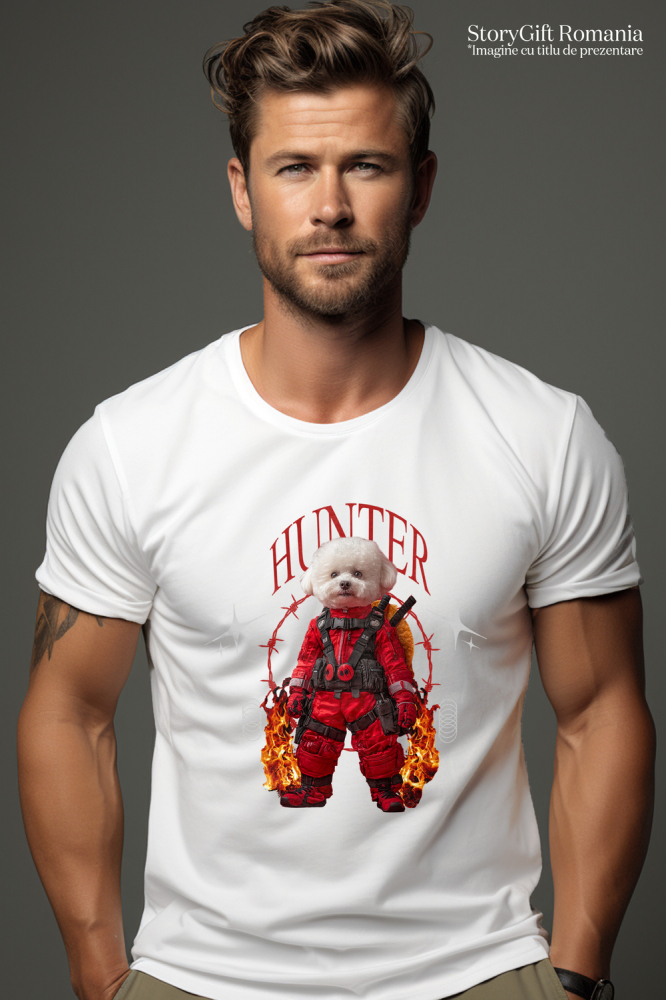 Tricou Barbati cu Animal In Costum Rosu Similar cu Deadpool, Flacari, Peronalizata cu Numele si Poza Animalului Tau cu imprimeu pe Fata, 100% Bumbac, Alb, XS [2]