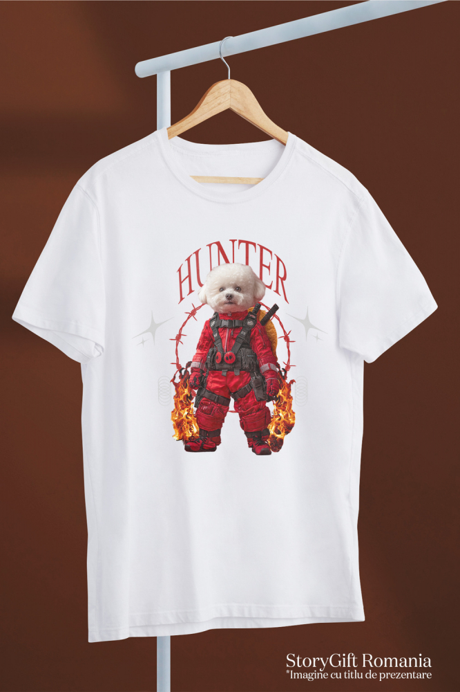 Tricou Barbati cu Animal In Costum Rosu Similar cu Deadpool, Flacari, Peronalizata cu Numele si Poza Animalului Tau cu imprimeu pe Fata, 100% Bumbac, Alb, XS [3]