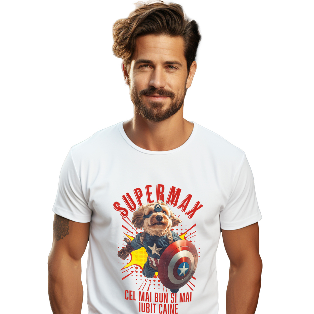 Tricou Barbati cu Animal In Costumul lui Capitanul America, Zburand, Scut, Peronalizata cu Numele si Poza Animalului Tau cu imprimeu pe Fata, 100% Bumbac, Alb, S [1]