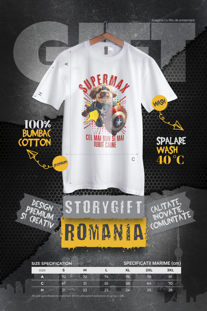 Tricou Barbati cu Animal In Costumul lui Capitanul America, Zburand, Scut, Peronalizata cu Numele si Poza Animalului Tau cu imprimeu pe Fata, 100% Bumbac, Alb, S [4]