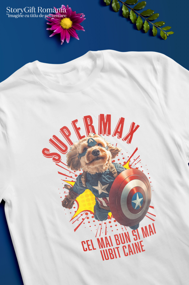Tricou Barbati cu Animal In Costumul lui Capitanul America, Zburand, Scut, Peronalizata cu Numele si Poza Animalului Tau cu imprimeu pe Fata, 100% Bumbac, Alb, S [3]