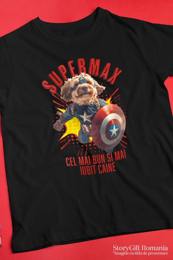 Tricou Barbati cu Animal In Costumul lui Capitanul America, Zburand, Scut, Peronalizata cu Numele si Poza Animalului Tau cu imprimeu pe Fata, 100% Bumbac, Negru, XS [3]