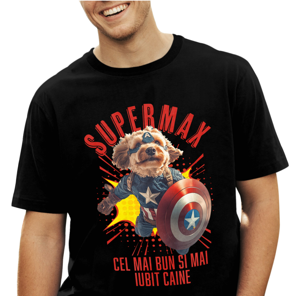 Tricou Barbati cu Animal In Costumul lui Capitanul America, Zburand, Scut, Peronalizata cu Numele si Poza Animalului Tau cu imprimeu pe Fata, 100% Bumbac, Negru, XS [1]