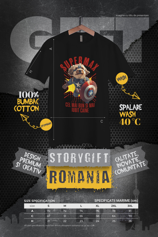 Tricou Barbati cu Animal In Costumul lui Capitanul America, Zburand, Scut, Peronalizata cu Numele si Poza Animalului Tau cu imprimeu pe Fata, 100% Bumbac, Negru, XS [4]