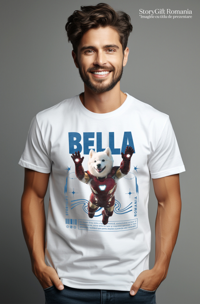 Tricou Barbati cu Animal In Costumul lui Ironman, Zburand, Peronalizata cu Numele si Poza Animalului Tau cu imprimeu pe Fata, 100% Bumbac, Alb, XS [2]