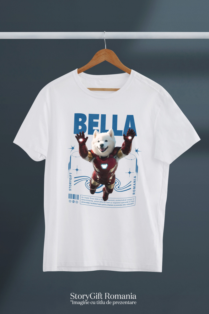 Tricou Femei cu Animal In Costumul lui Ironman, Zburand, Peronalizata cu Numele si Poza Animalului Tau cu imprimeu pe Fata, 100% Bumbac, Alb, S [3]