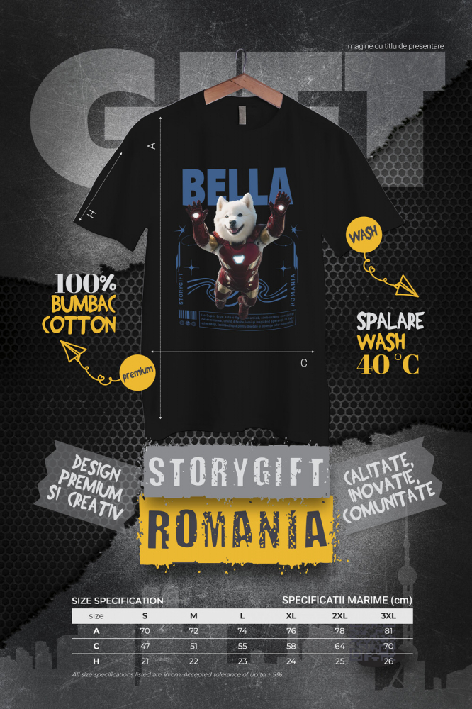 Tricou Barbati cu Animal In Costumul lui Ironman, Zburand, Peronalizata cu Numele si Poza Animalului Tau cu imprimeu pe Fata, 100% Bumbac, Negru, XL [4]