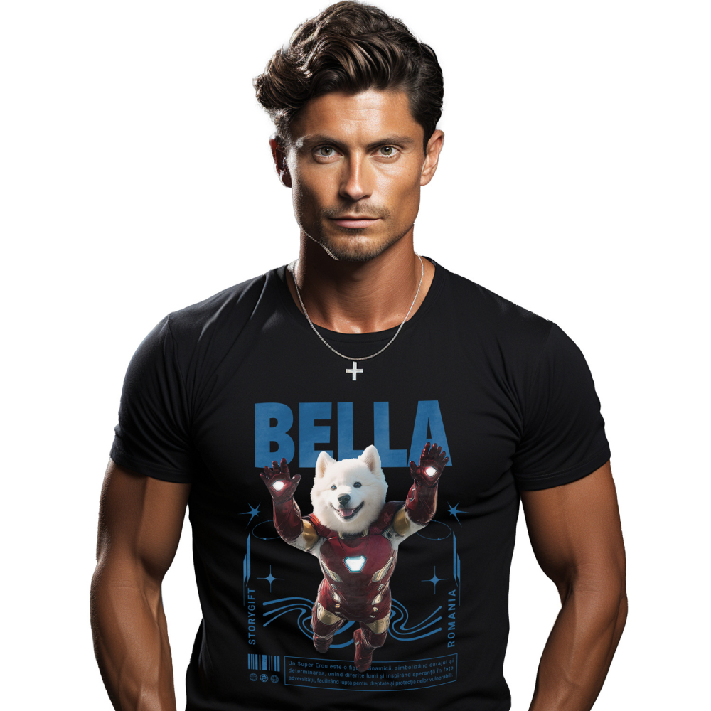 Tricou Barbati cu Animal In Costumul lui Ironman, Zburand, Peronalizata cu Numele si Poza Animalului Tau cu imprimeu pe Fata, 100% Bumbac, Negru, XL [1]