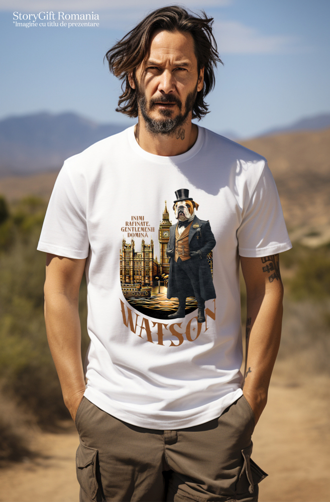 Tricou Barbati cu Animal in Costumul Regal din Londra, Peronalizata cu Numele si Poza Animalului Tau cu imprimeu pe Fata, 100% Bumbac, Alb, S [2]