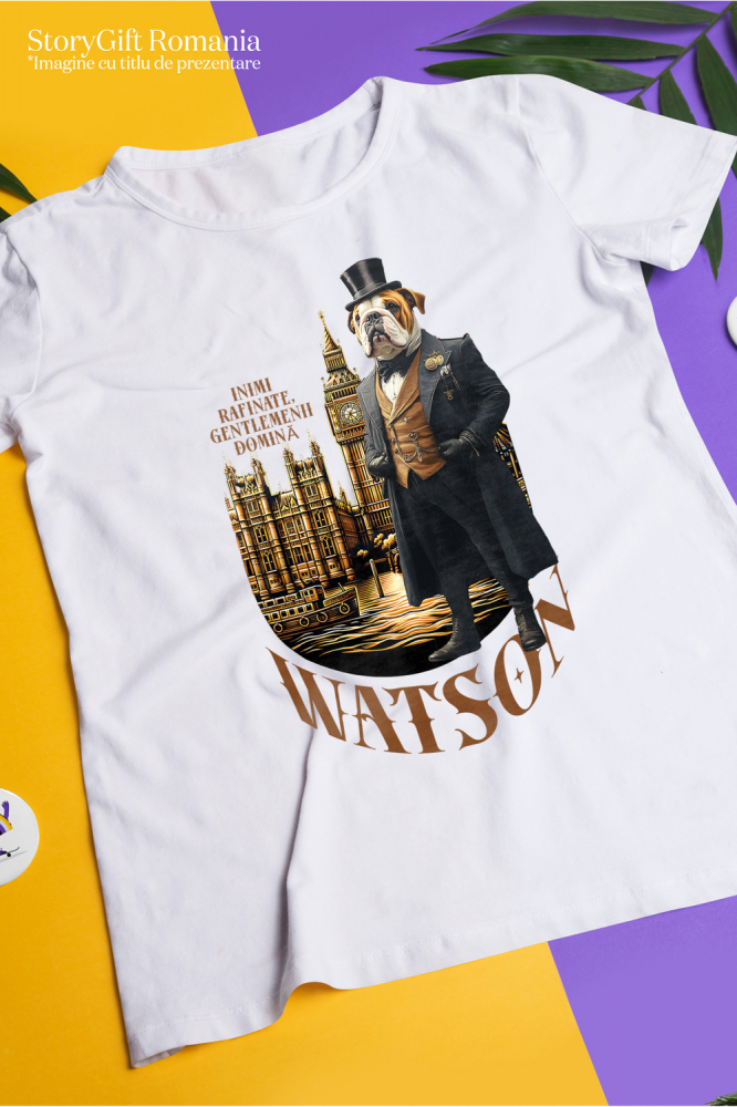 Tricou Barbati cu Animal in Costumul Regal din Londra, Peronalizata cu Numele si Poza Animalului Tau cu imprimeu pe Fata, 100% Bumbac, Alb, S [3]