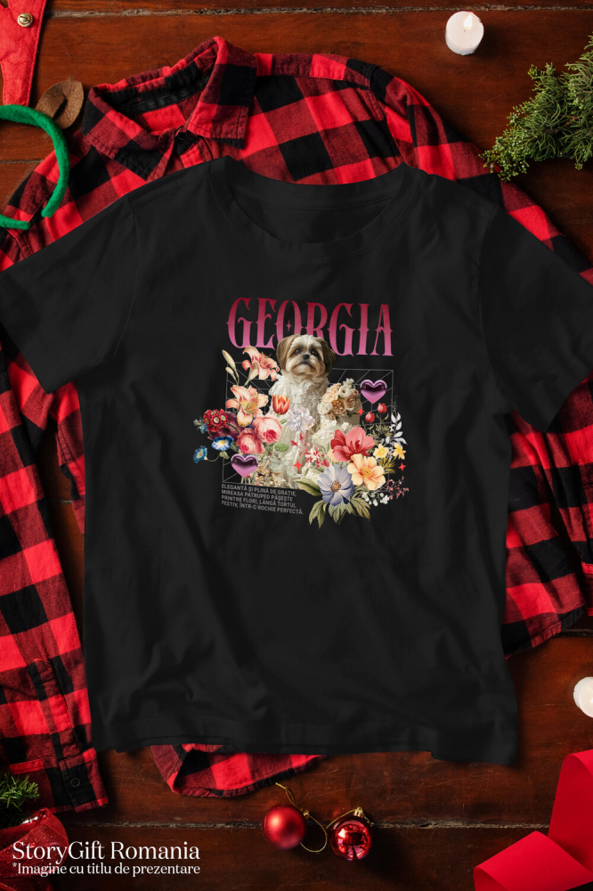 Tricou Femei cu Animal In Rochie de Mireasa cu Tort, Flori, Peronalizata cu Numele si Poza Animalului Tau cu imprimeu pe Fata, 100% Bumbac, Negru, XS [3]