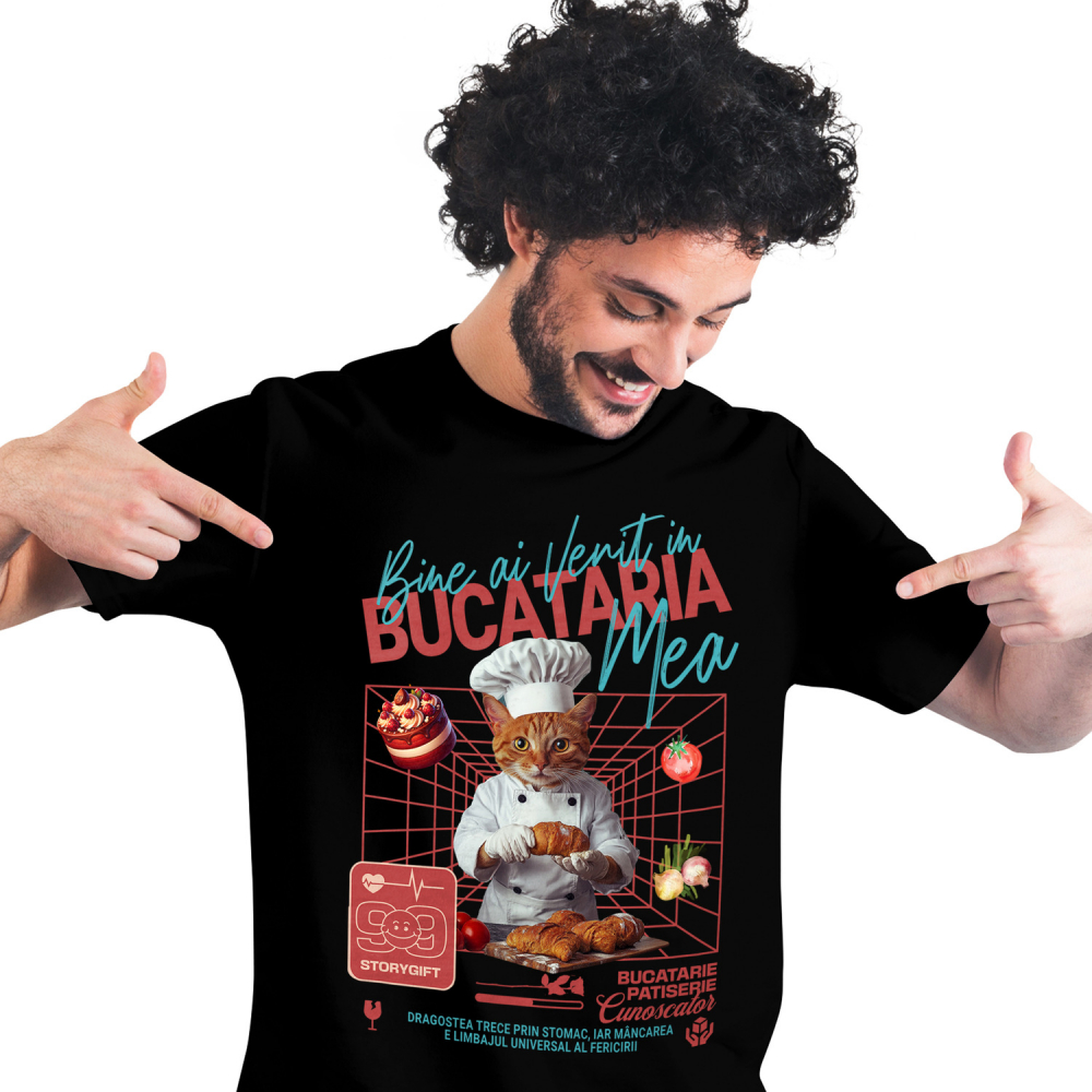 Tricou Barbati cu Animal In Uniforma de Bucatar, Patiser, Peronalizata cu Numele si Poza Animalului Tau cu imprimeu pe Fata, 100% Bumbac, Negru, XS [1]