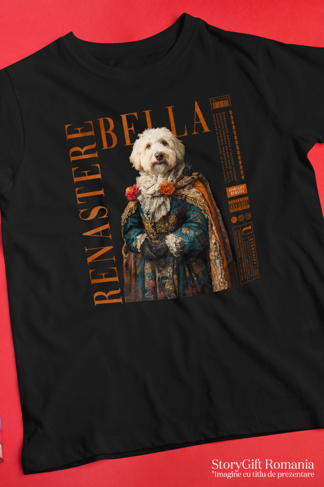 Tricou Barbati cu Animal in Vesmant Regal Renascentist, Peronalizata cu Numele si Poza Animalului Tau cu imprimeu pe Fata, 100% Bumbac, Negru, S [3]