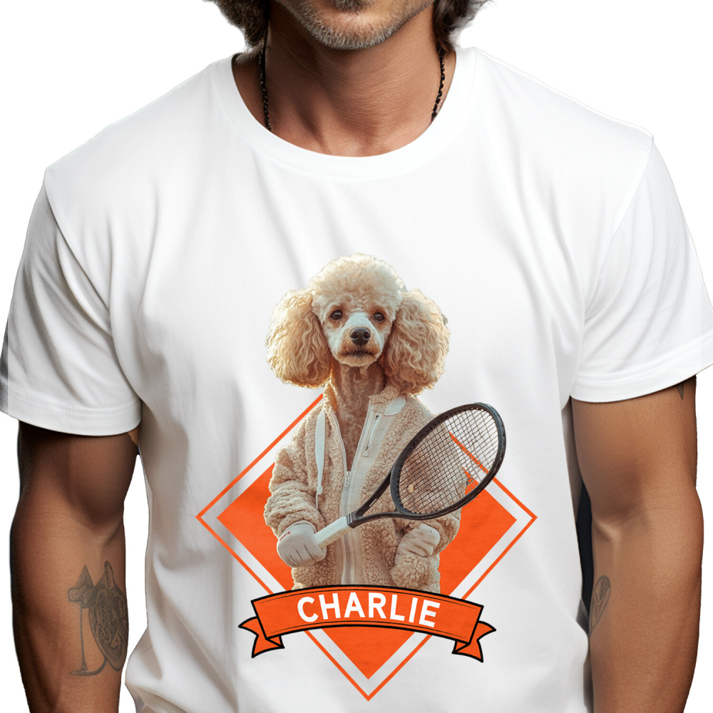 Tricou Barbati cu Animal Jucator de Tenis, Peronalizata cu Numele si Poza Animalului Tau cu imprimeu pe Fata, 100% Bumbac, Alb, XS [1]