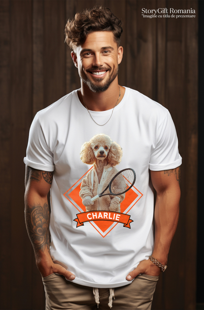 Tricou Barbati cu Animal Jucator de Tenis, Peronalizata cu Numele si Poza Animalului Tau cu imprimeu pe Fata, 100% Bumbac, Alb, XS [2]