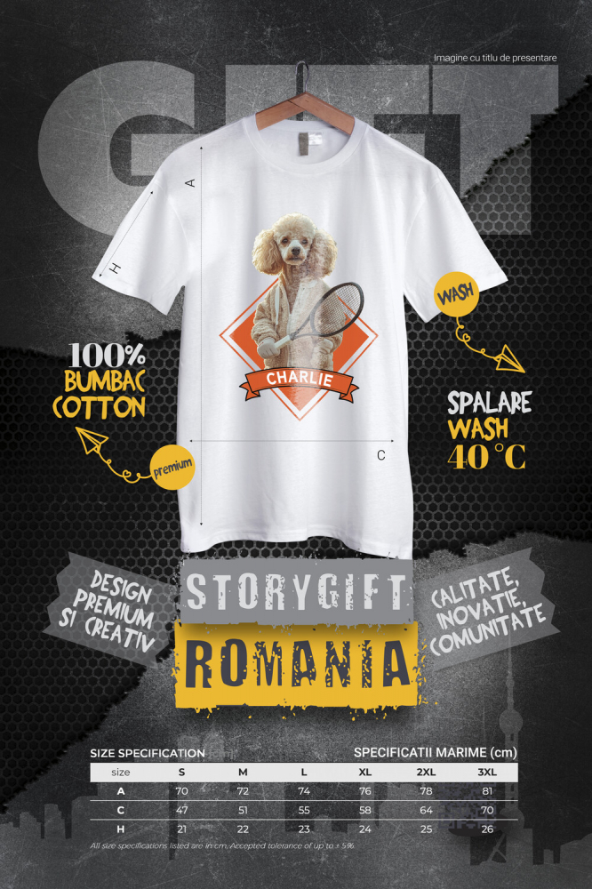 Tricou Barbati cu Animal Jucator de Tenis, Peronalizata cu Numele si Poza Animalului Tau cu imprimeu pe Fata, 100% Bumbac, Alb, XS [4]