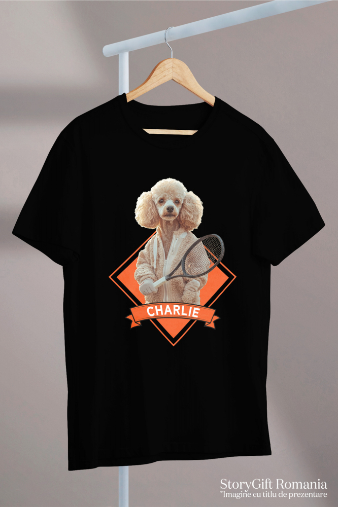 Tricou Barbati cu Animal Jucator de Tenis, Peronalizata cu Numele si Poza Animalului Tau cu imprimeu pe Fata, 100% Bumbac, Negru, XL [3]